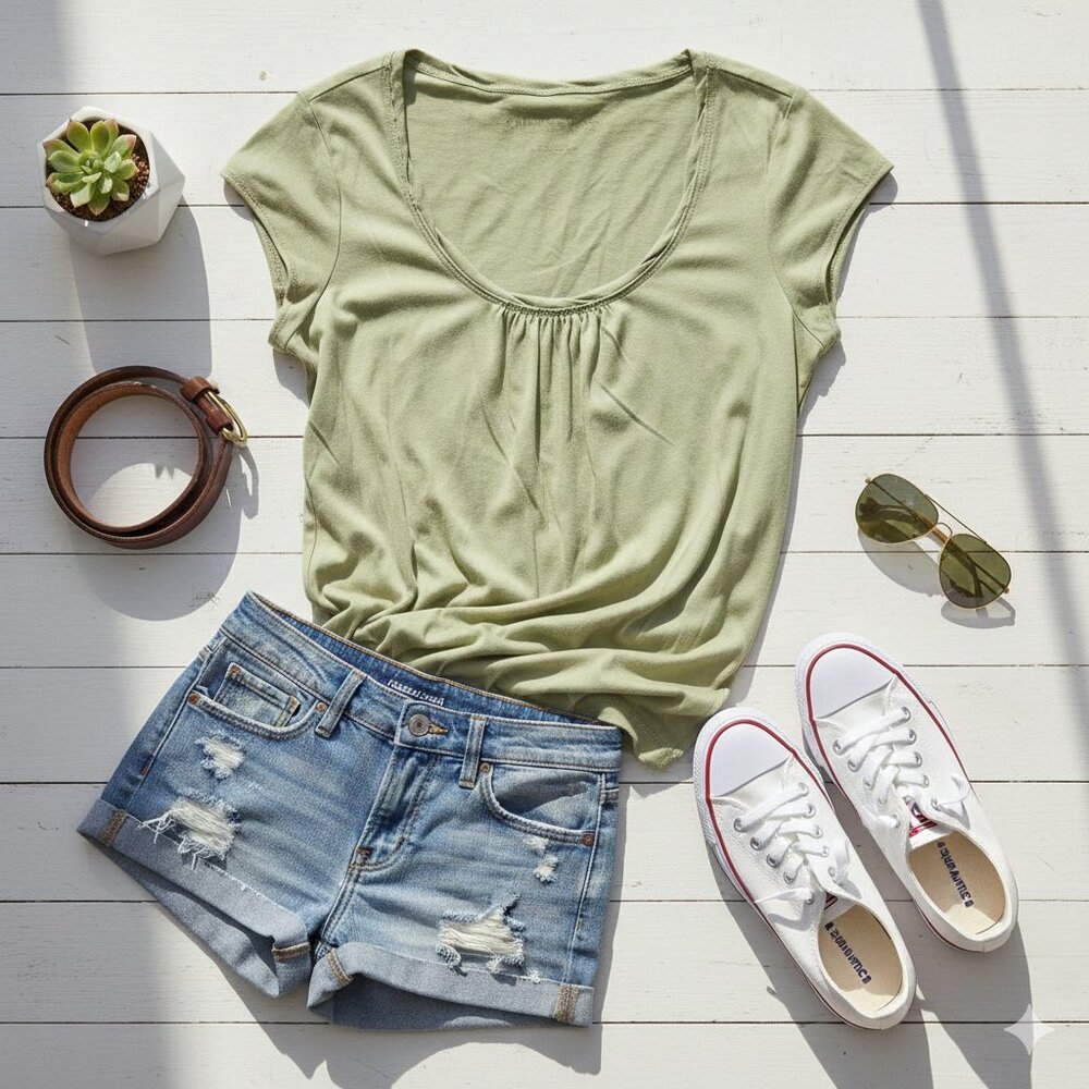 Calvin Klein Jeans Green Ruched Cap Sleeve Blouse